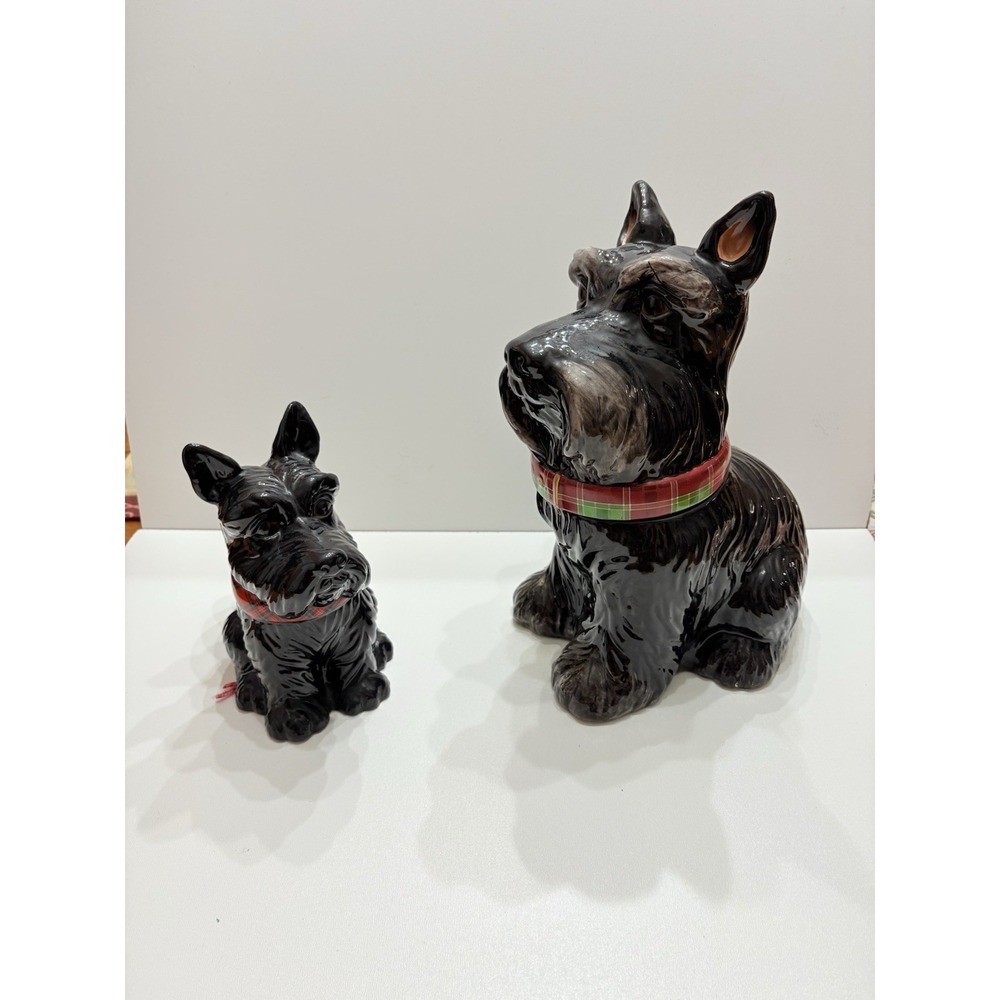 Scottie Dog Cookie Jar Black Plaid Collar David's Cookies/Jeffrey‎ Banks and mug